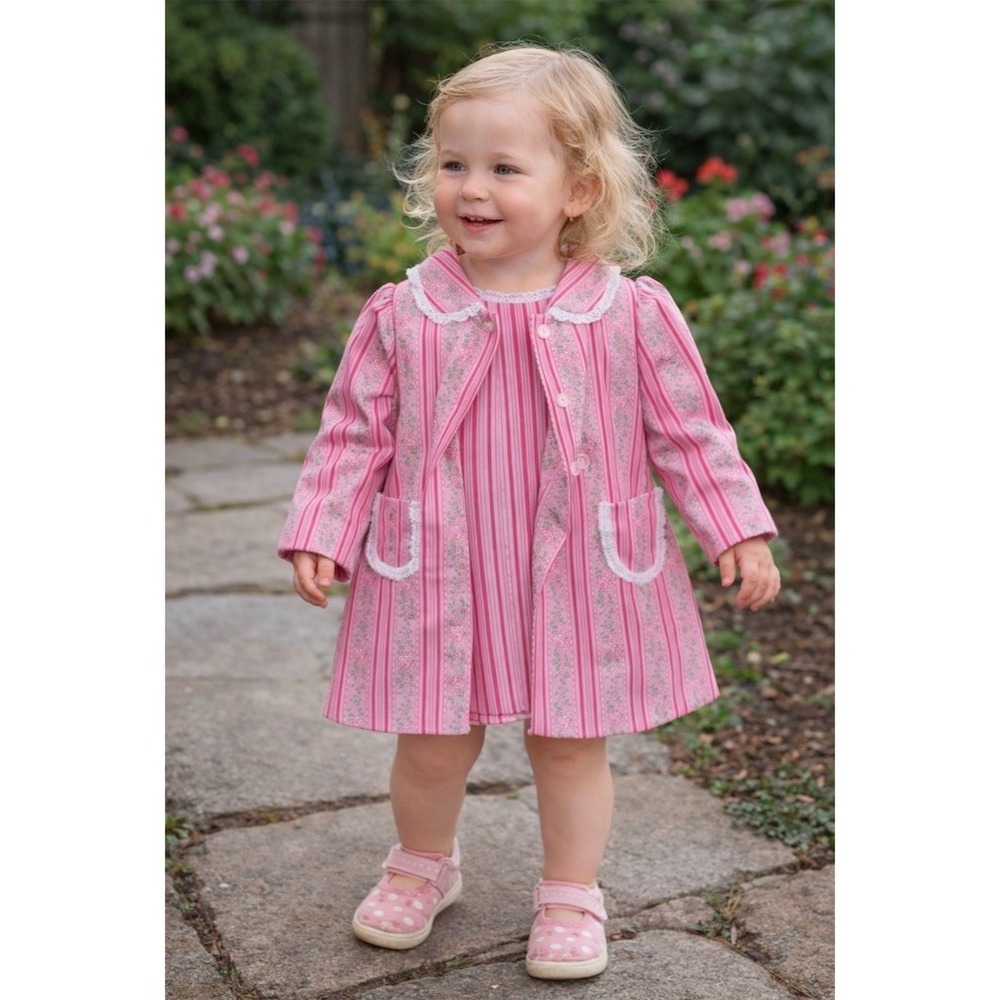 Vtg 60s 70's Girls 2T Pink Striped Flower power Dress Jacket Set Easter Spring‎